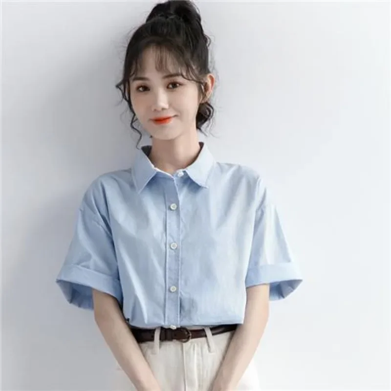 Shirts Women White Summer Casual Short Sleeve Preppy Style Solid Streetwear Holiday Tops Korean Fashion New Chic Popular Blusas