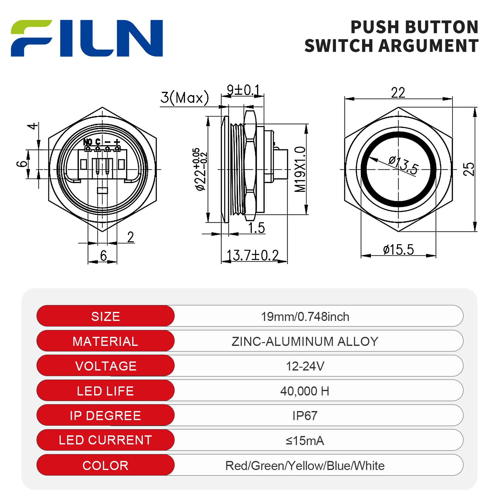 FILN 19mm Thin Momentary Push Button Switch 12v-24v DC IP67 Waterproof Self-Reset Short Touch Push Button Plug-in Terminal Block