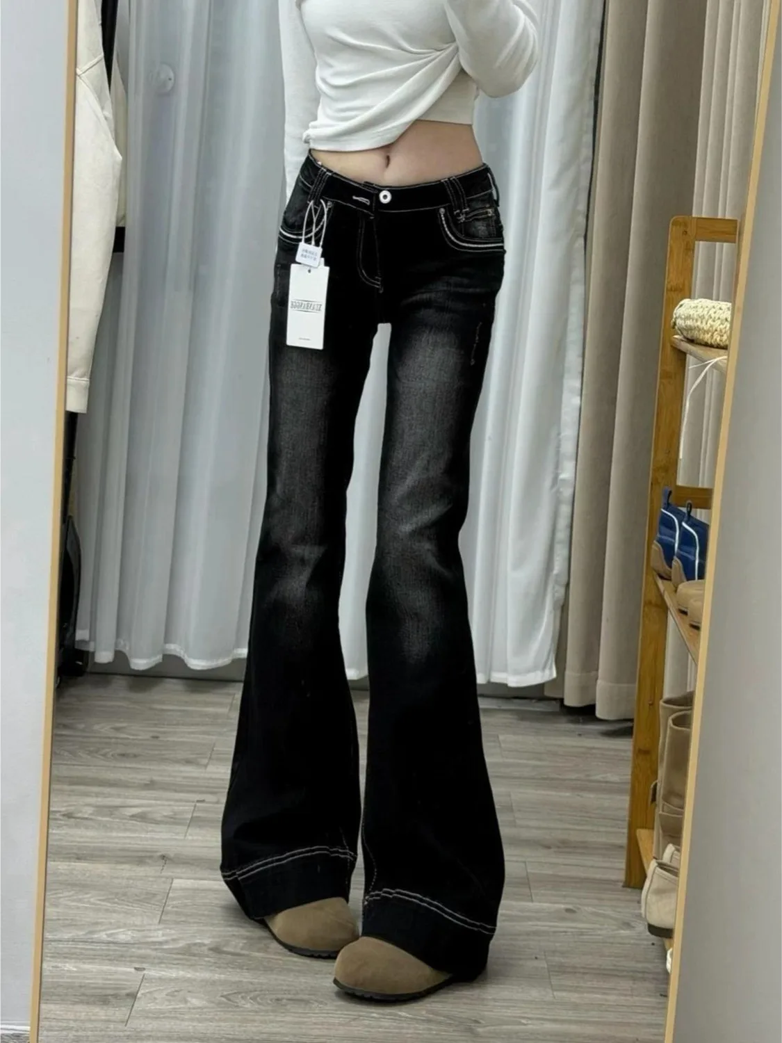 Low Waist Bell Bottom Denim Jeans Women's Black Spicy Girl Design Sensation Micro Flared Pants Autumn Season Natural Waist