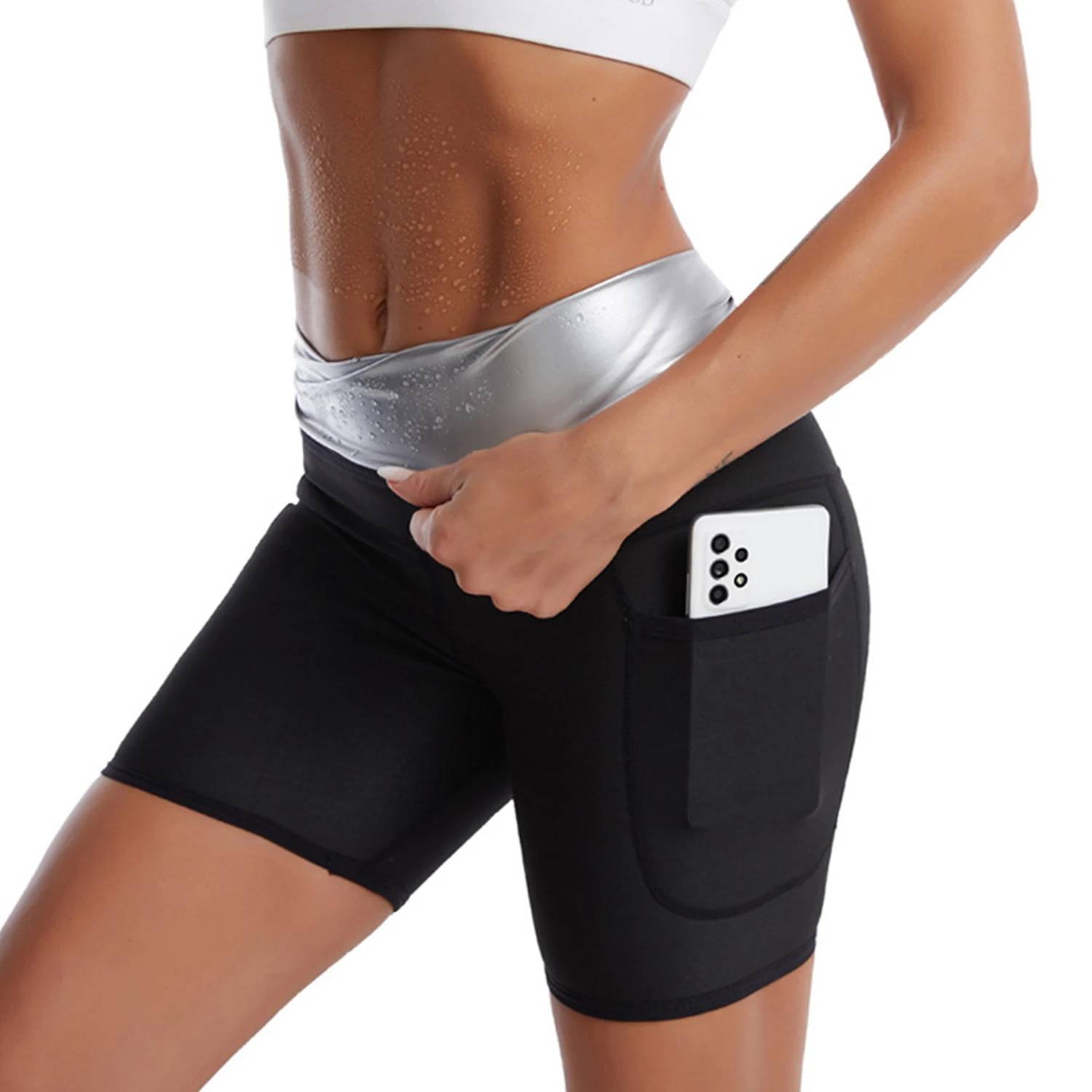 

Sauna Sweat Suit Shapewear Shorts Pockets Waist Trainer Body Sweatsuit Exercise Fitness Gym Women Girl