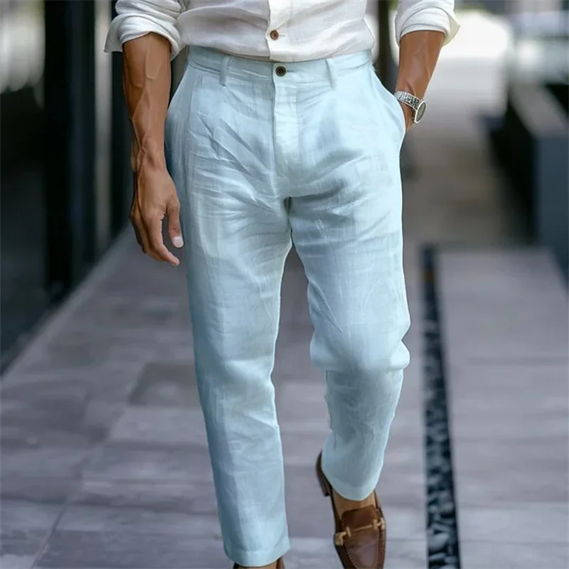 

2025 Male Men's Casual Dress Linen Pants Solid White Gray Trouser Plus Size 3xl Mens Elegant Fashion Sweatpants Men Streetwear