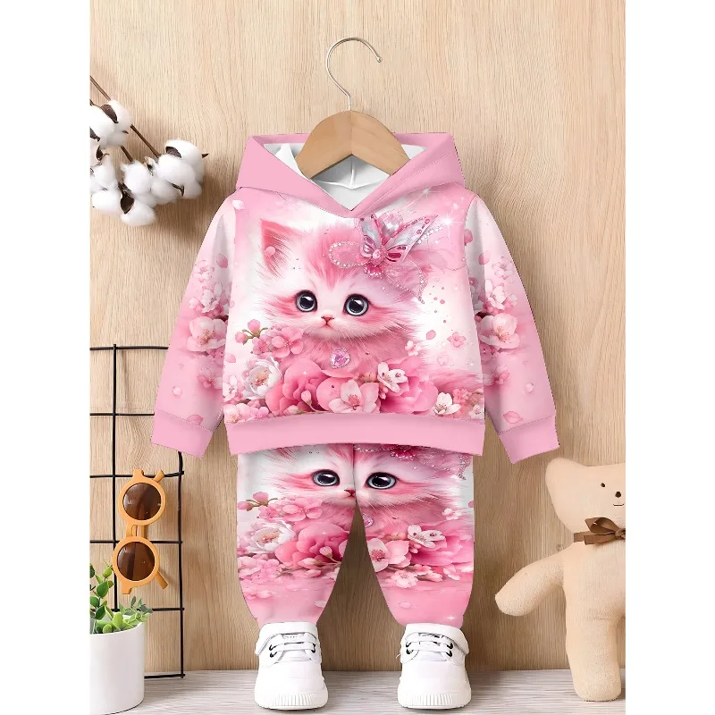 Kids Hoodie Jogger: Pink Cherry Blossom Cat Print, Clover Stacked Panda Graphic, Sky Cloud Panda Allover Pattern Kid Tracksuit