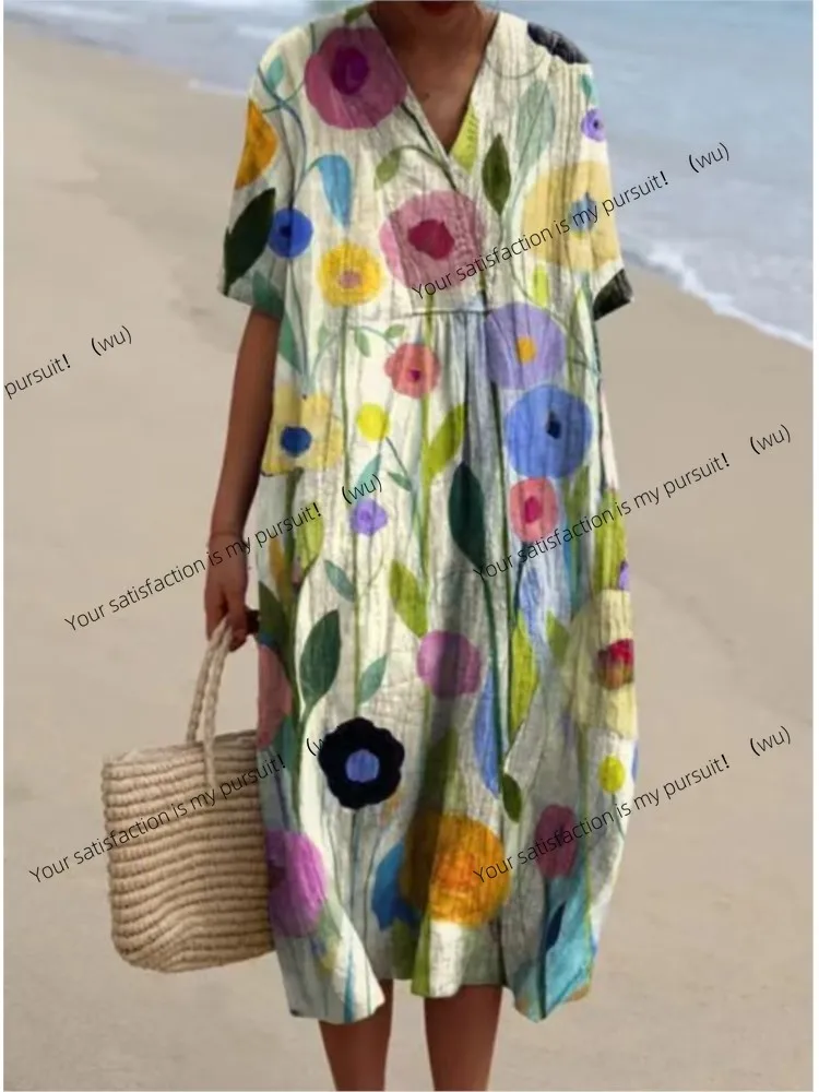 ZOCI - a loose print women's dress with an elegant V-neck short-sleeved suit, perfect for beach parties and vacations