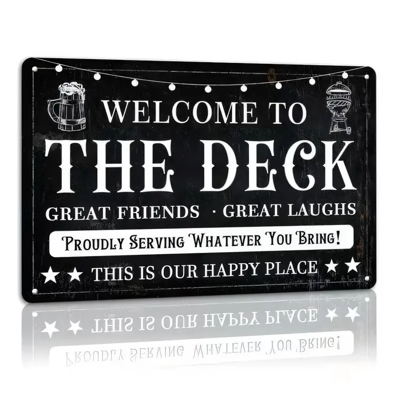 Vintage Black Metal Deck Sign - Welcome to The Deck Retro Tin Art, Iron, Beer/Grill Design, Perfect for Patio/Backyard/Home Deco