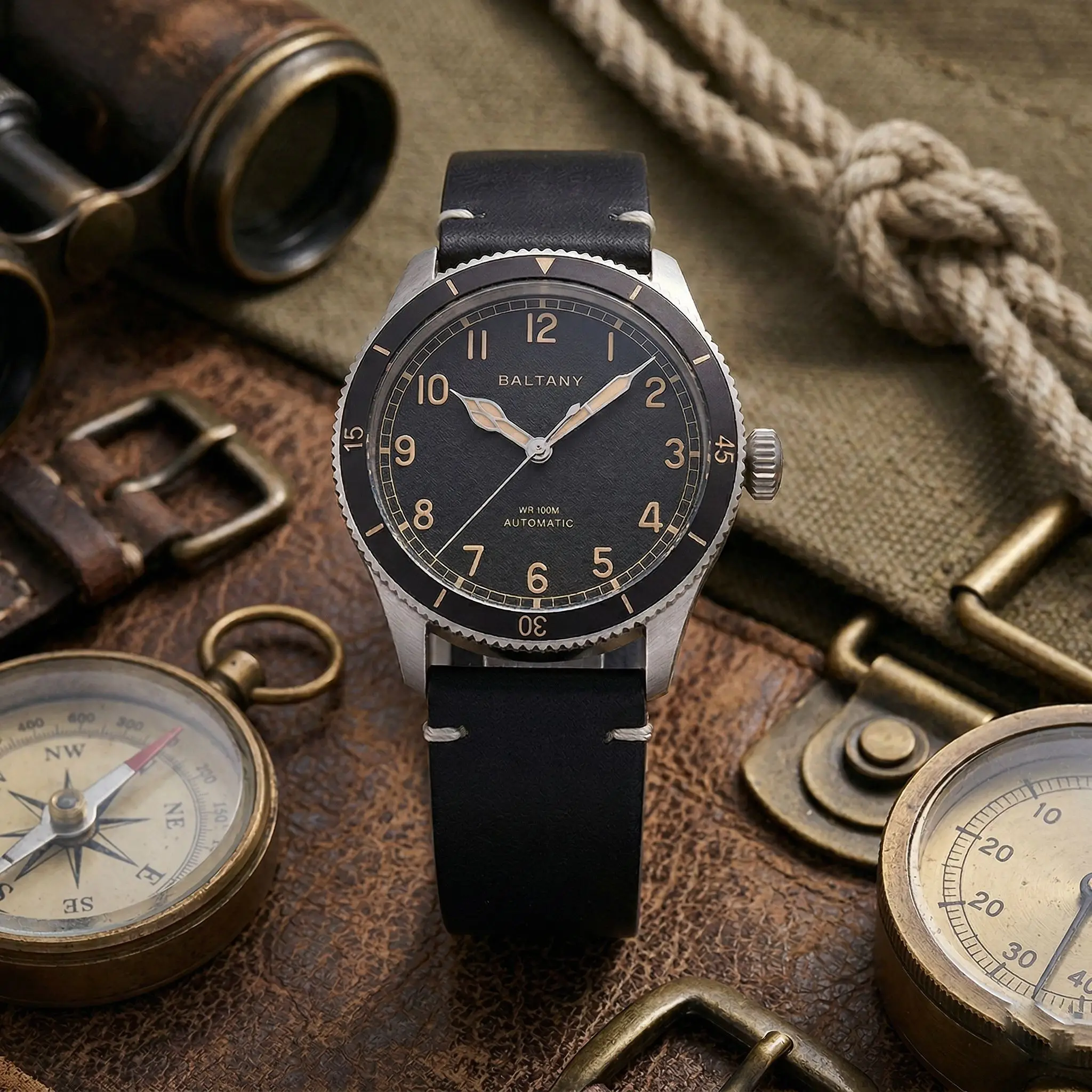 Baltany S2076 Mens Automatic Khaki Pilot Watch NH38 38mm Retro Military Aviation Flight Glowing Ceramic Bezel Everyday Wear