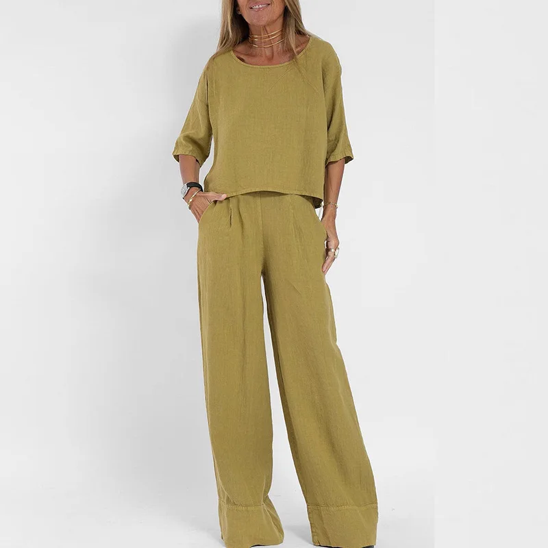 Europe and the United States new summer women's casual loose solid color short sleeve cotton linen trouser suit