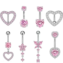 14G Stainless Steel Heart Dangled Belly Button Rings Belly Piercing Nombril for Women Girls Pink Zircon Crystal Sexy Navel Ring