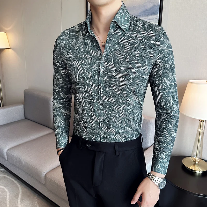 Mens Printed Shirt 2023 Autumn New British Style Long Sleeved Elastic Slim Fit Seersucker Shirt Tuxedos Tops Casual Men Clothing