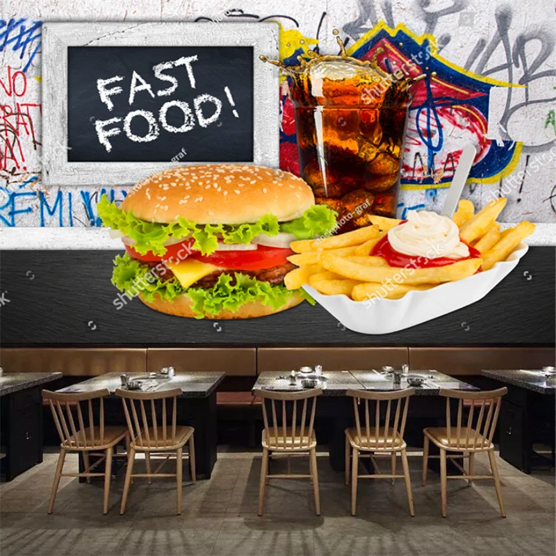 Graffiti Wall Fast Food Burger French Fries Wallpaper Industrial Decor Mural Restaurant Snack Bar Wall Paper Papel De Parede