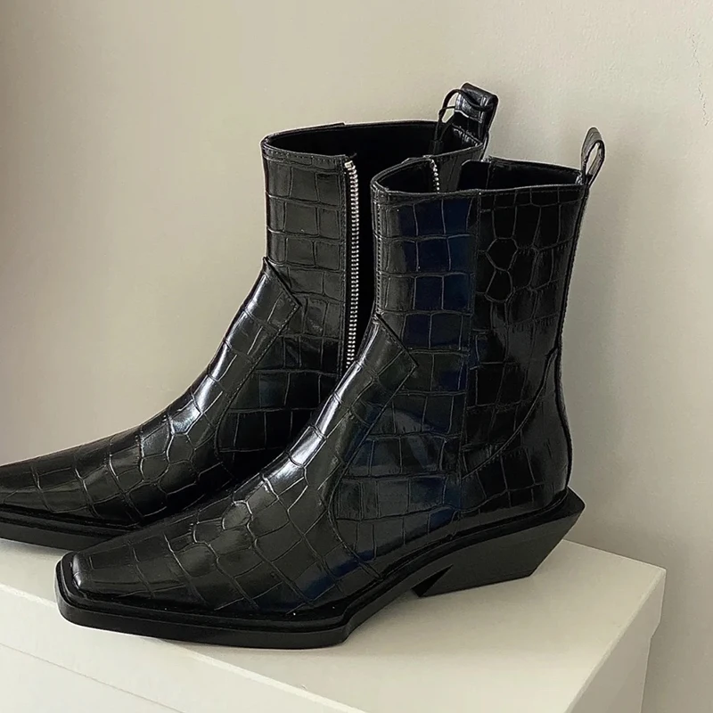 

2024 New women's crocodile pattern square toe side zipper simple all-match Chelsea ankle boots