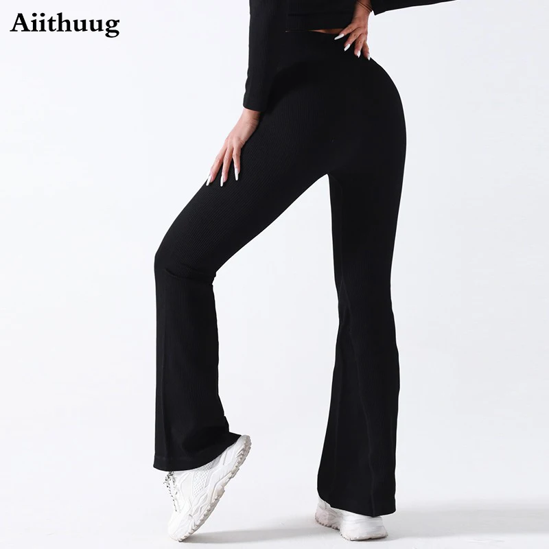 

Aiithuug High Waisted Threaded Flared Yoga Pants Women's Slimming Pants Seamless Fitness Training Leggings Fitness Sports Pants