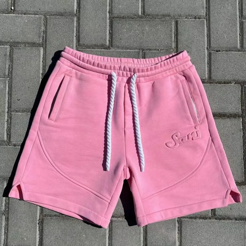 Summer American Retro Leisure Sports Home Out Joker Pants Pink Embroidery Double Pocket Design Wide Leg Straight Women's Shorts