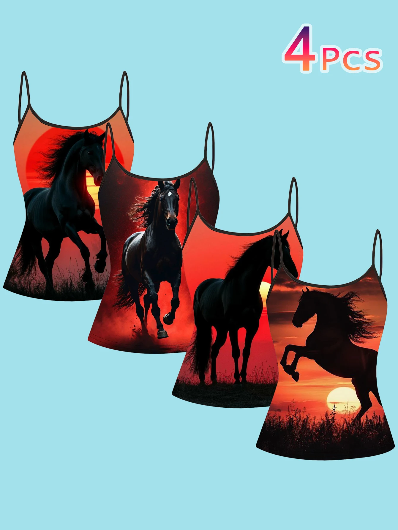 4-Piece Set of Women's Sunset Horse Print Camisoles, Red and Black Silhouette Galloping Horse Sunset Prairie Slim-Fit Spaghetti Strap Inner Tops