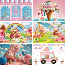 Candy Shop Theme Backdrop Decoration Ice Cream Car Cupcake Lollipop Sweet Baby Shower Chocolate Cream Girl Birthday Party Poster