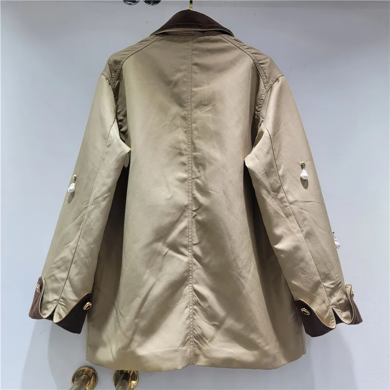 HKSH Herbst Neue Frauen Windjacke Einreiher Multi-tasche Perle Shell Anhänger Verziert Chic Mid-Länge Graben Mantel HK11352