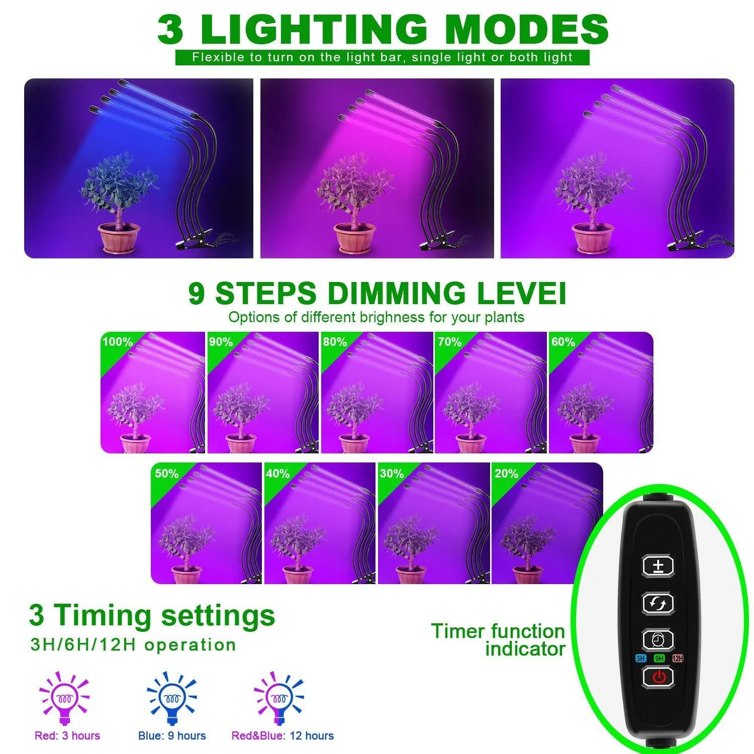 USB LED Plant Grow Light Indoor Garden 10 Dimmable Levels Grow Light Full Spectrum Timer Setting Hydroponic Greenhouse 3H/9H/12H