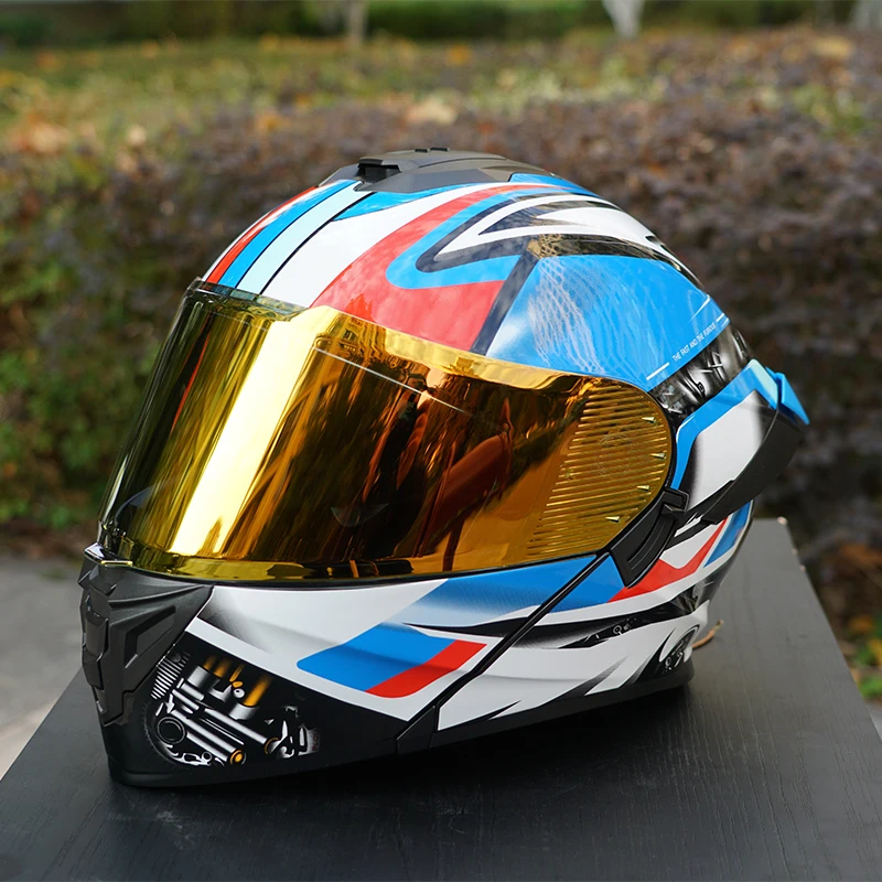 

Синий мотоциклетный шлем с геометрическим принтом в полоску, анфас, мужской шлем с двухслойными линзами, откидной шлем для унисекс, всесезонные