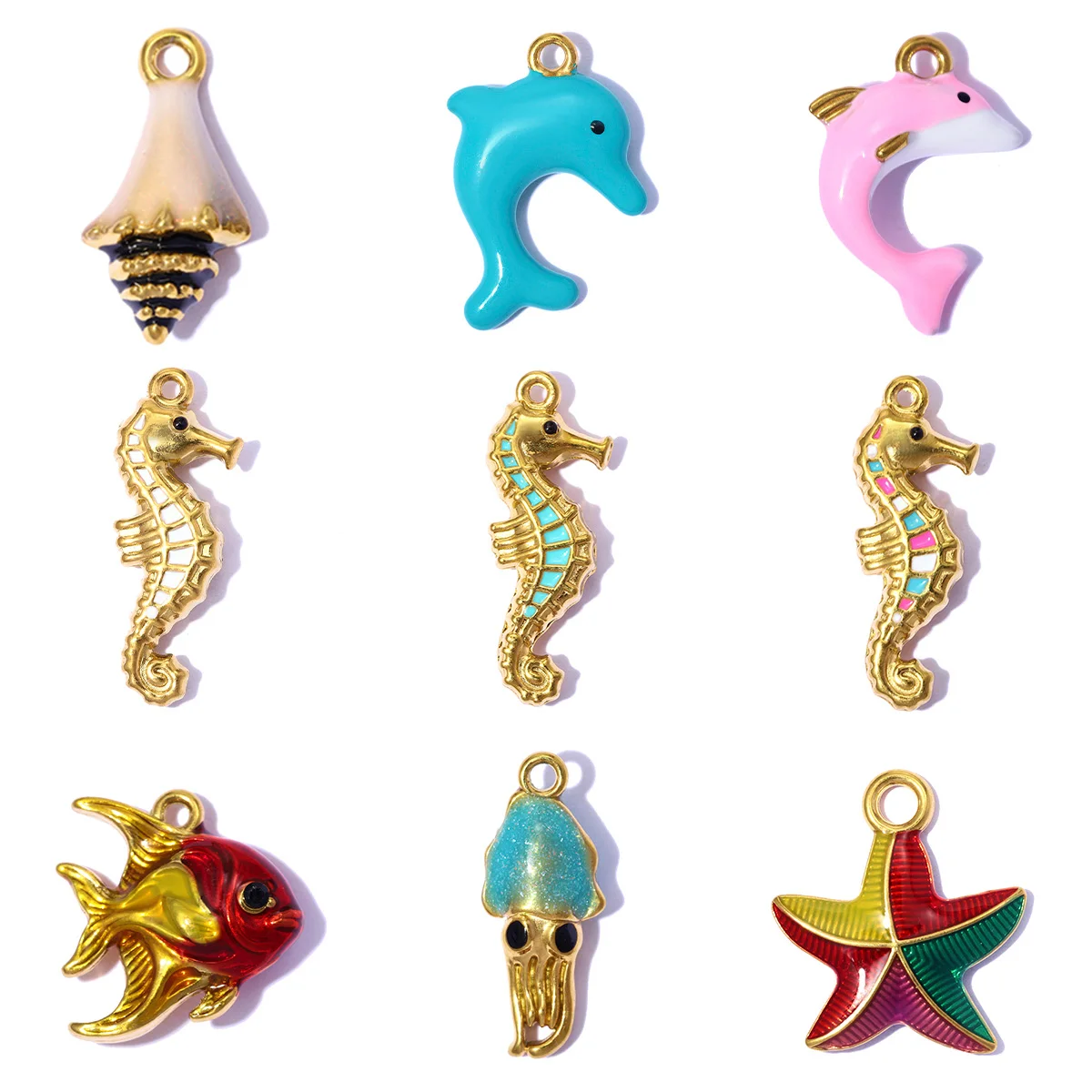 3pcs/Lot Stainless Steel Enamel Seahorse DIY Earring Charm Dolphin Starfish Necklace Pendant Woman Shell Conch Jewelry Wholesale