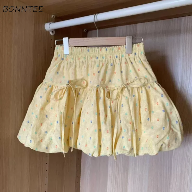 

Bow Skirts Women Summer Elastic Waist Colorful Dot Printing Sweet Girls Streetwear All-match Stylish Korean Style Aesthetic New