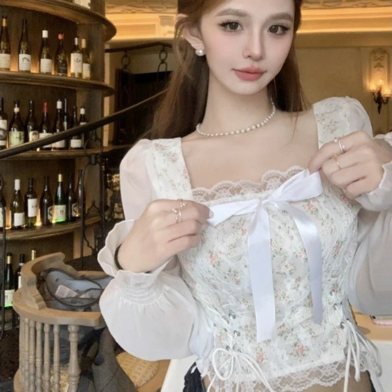 Women Blouse Lace-up Bow Square Collar Trendy Sweet Casual Cropped Slim Fit Korean Fashion Charming Elegant Prevalent Spring