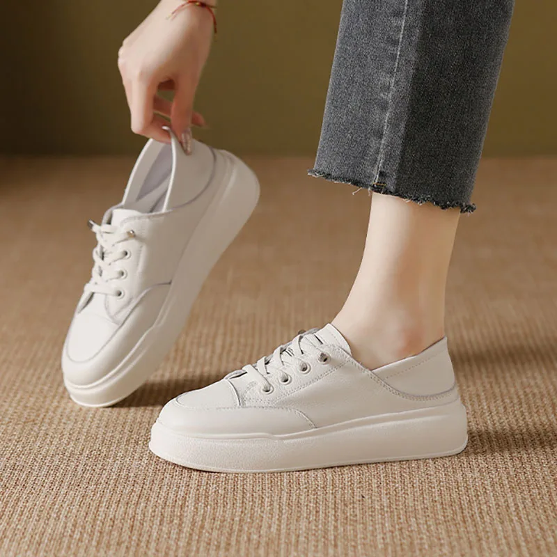 

XMWRLW Genuine Leather Women Flat Shoes Spring White Sneakers Lace up Casual Shoes For Women Autumn Flat Shoe Sneakers Shoe