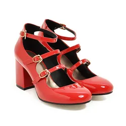 Vintage Classic Mary Janes Belt Buckle Roman Shoes 7cm Women's Party Dress High Heels Chunky Heel Patent Leather Pumps Shoes 43