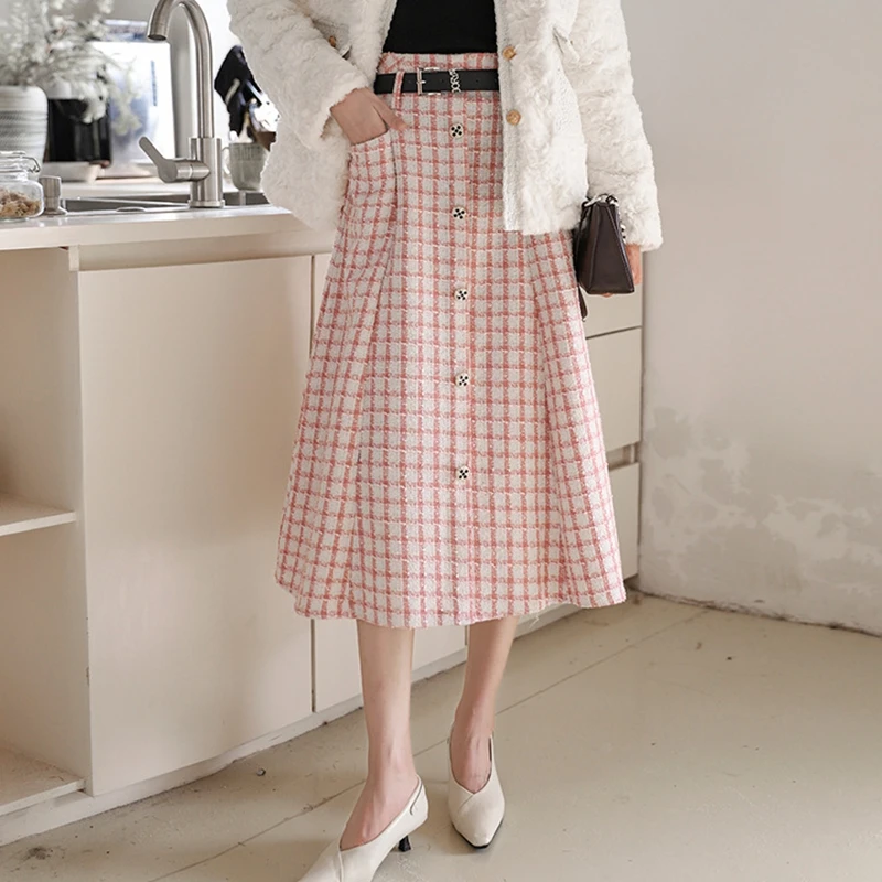 

Осень-зима клетчатая шерстяная юбка женская толстая теплая с высокой талией трапециевидной формы модные офисные женские рабочие длинные юбки миди