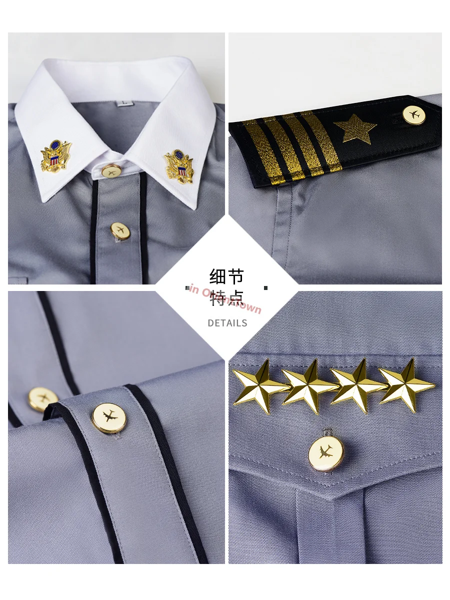 White Collar International Airport Security Work Uniform Gray Long and Short Sleeve Hat Shirt Pants Suit Airline Concierge Set