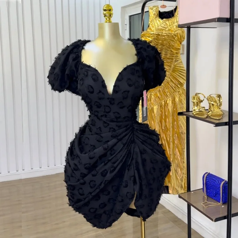 

Party Mini Dress Women Casual Dresses Elegant Slim Night High Waist A Line Trim Short Puff Sleeve V Neck Vestidos Club Bodycon