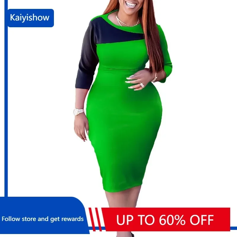 

Autumn Fashion Color Matching Dress African Women Office Ladies Round Neck Slim Pencil Dress Women