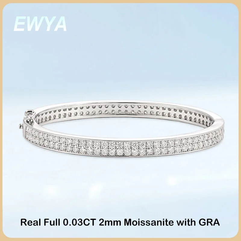 EWYA Real GRA Certified D Color 2mm 0.03CT Full Moissanite Bracelet Bangle for Women Party S925 Silver All Diamond Bracelets