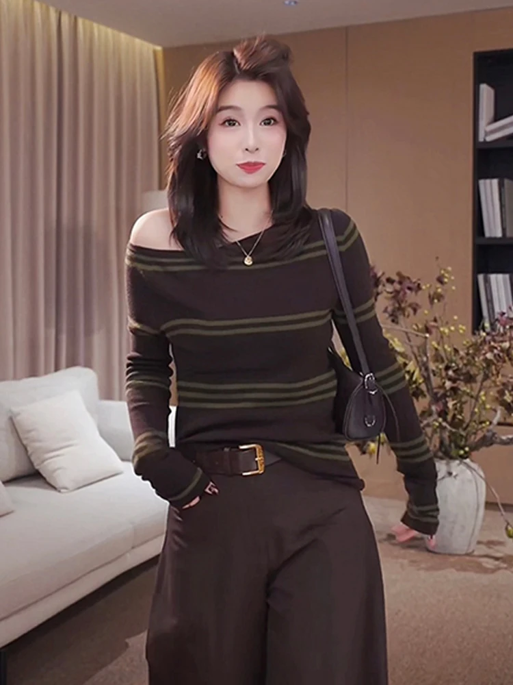 Retro Design Striped Long Sleeve Knitted Top Shoulder Baring Trendy Women's Fashion Commute Style Regular Fit Medium Softness