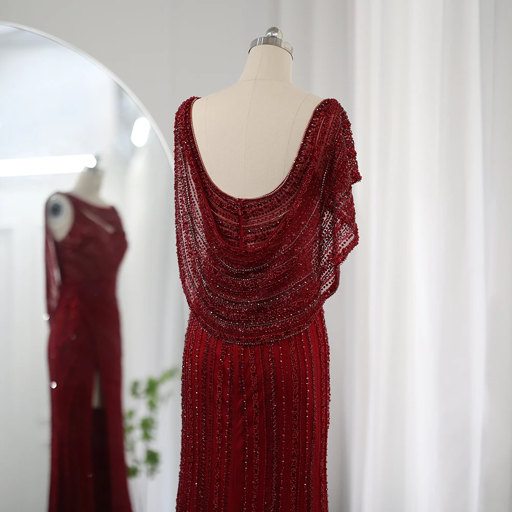Sharon Said Luxuriöses Silbernes Meerjungfrauenkleid für Hochzeitsfeier mit Cape, Perlenbesetztes Schlitz-Abendkleid SS035 Maßanfertigung – Detail 21