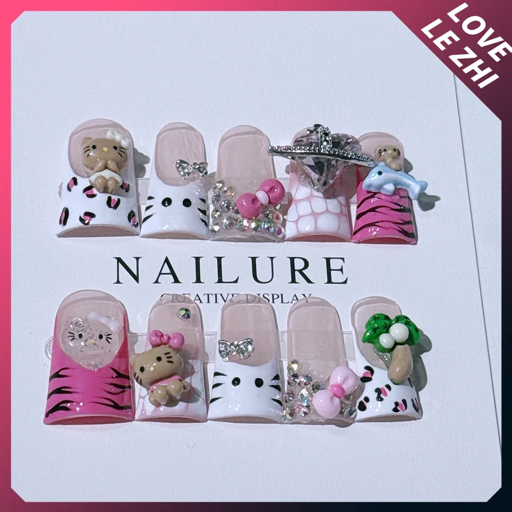 Kawaii Sanriod Hello Kitty Detachable Fake Nails Cartoon Duck Web Rhinestone Mymelody Cinnamoroll Kuromi Full Cover Nail Tips