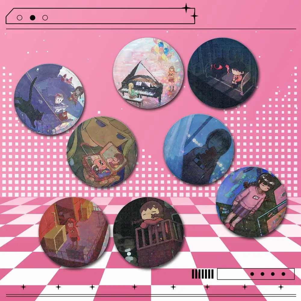 Yume Nikki game 2 Pieces Anime Holographic Badge Pins 25/32/44/58/75mm Round Brooches for Bag Backpack Hat Decor Fan Collection