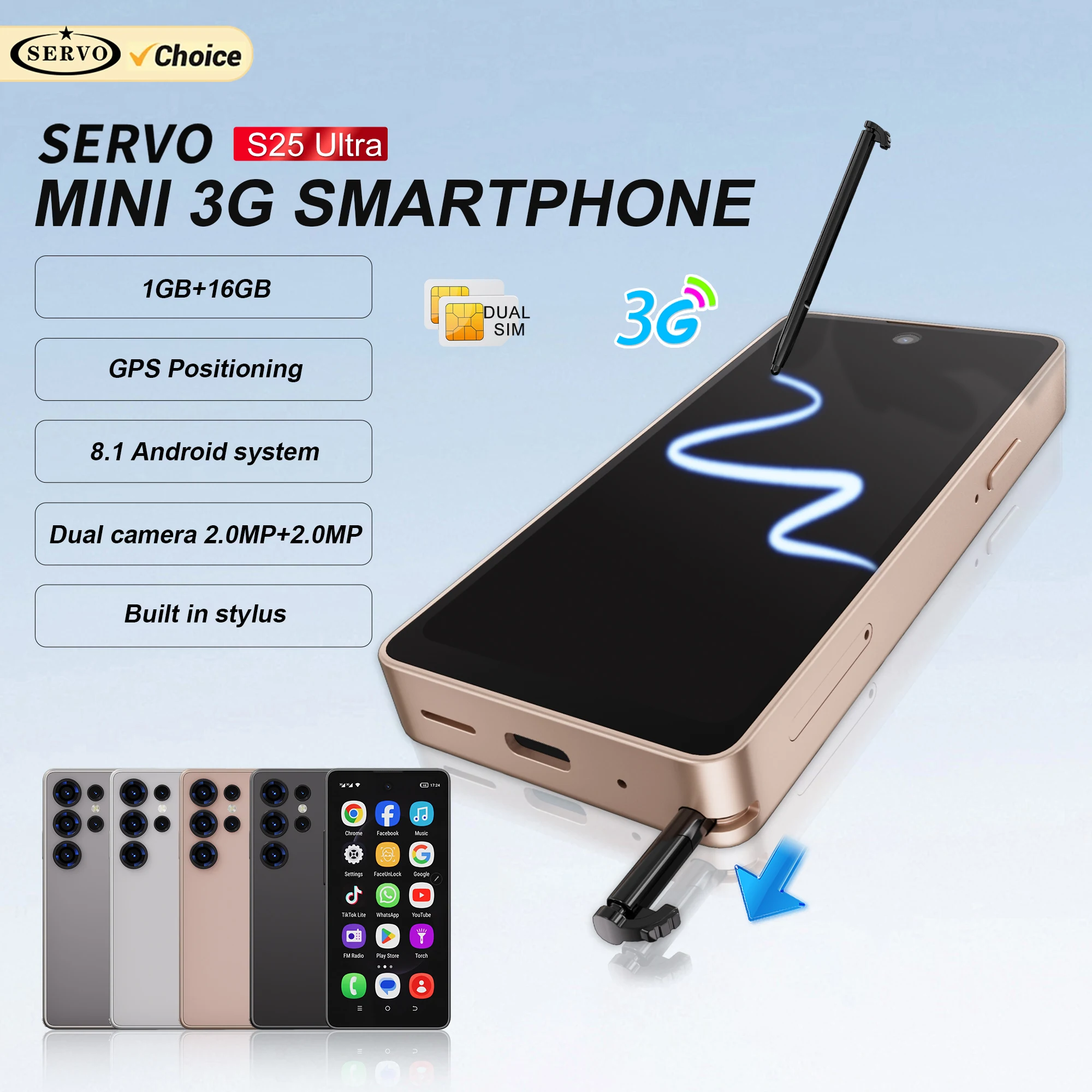 สมาร์ทโฟน SERVO S25 Ultra Mini รองรับ 2 ซิม 3G WCDMA ระบบปฏิบัติการ Android หน่วยความจำภายใน 16GB รองรับ Play Store Wi-Fi Hotspot หน้าจอ 4.0 นิ้ว สมาร์ทโฟนขนาดเล็กพร้อมปากกาสไตลัส