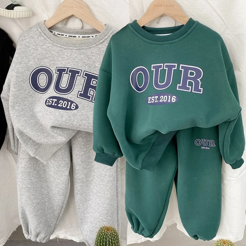 

Spring Autumn Warm Boys Clothing Set Letter OUR Lined With Velvet Shirt+Pants 2Pcs Suit For Kids Children Outdoor Sports Suit