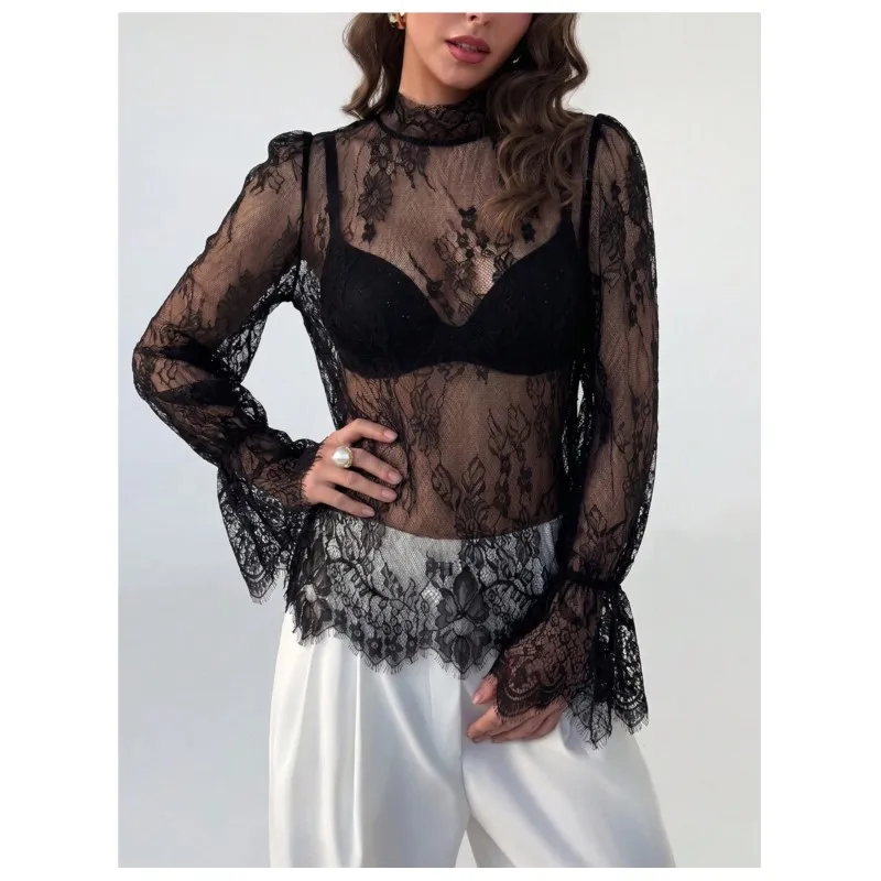 New Elegant Lace See-through Flared Long-sleeved Top For Women T Shirt