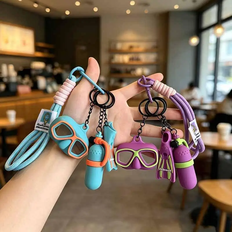 Cute Diving Themed Silicone Keychain with Elastic Wrist Lanyard Mini Unique Charm for Backpack Pendant Birthday Gift