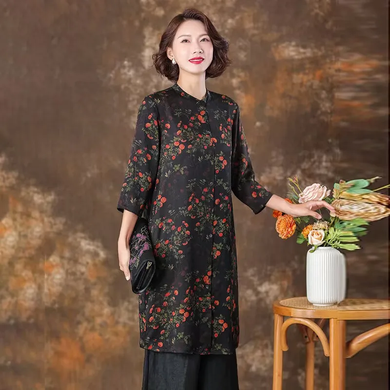 Spring Autumn Thin Printed Windbreaker Women High End Silk Long Coat Middle Aged Mother Cardigan Long Blouse Large Size 5XL