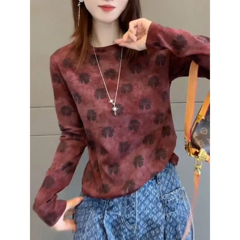 Tie-dye Printed German Velvet Round Neck Long-sleeved T-shirt for Women in Autumn and Winter Versatile Warm Base Layer Top