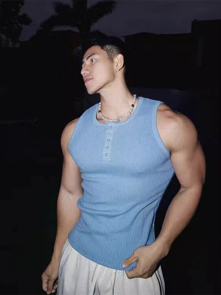 

ay Henry Collar Sport Vest Men's Summer American Retro Ice Silk Svel Base Layer oulder T-irt Breathable Youth Fas...