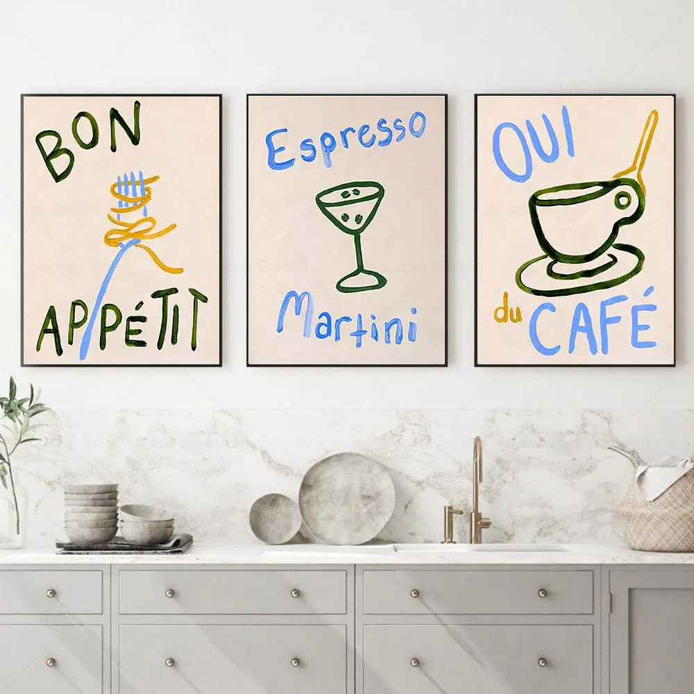 المطبخ جدار الفن اسبريسو مارتيني المعكرونة القهوة المشارك بون الشهية Oui du مقهى يطبع قماش اللوحة غرفة العشاء مقهى ديكور المنزل