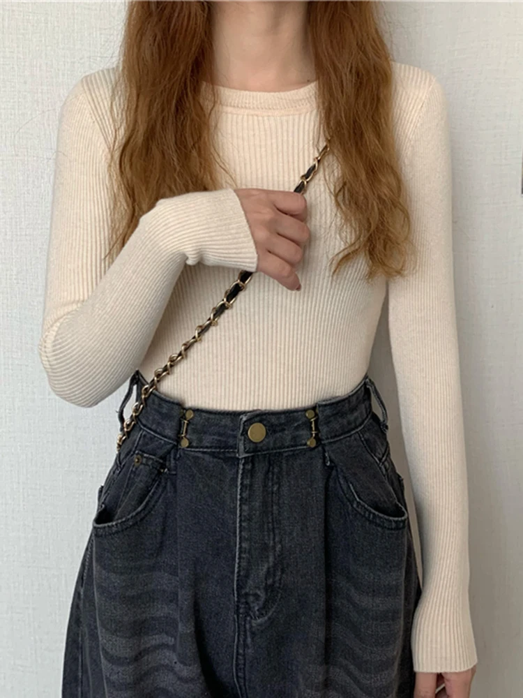 2025 neue Frauen Pullover Herbst Winter Langarm Pullover Grundlegende Top Mode Oansatz Elastische Weibliche Winter Solide Strick Jumper