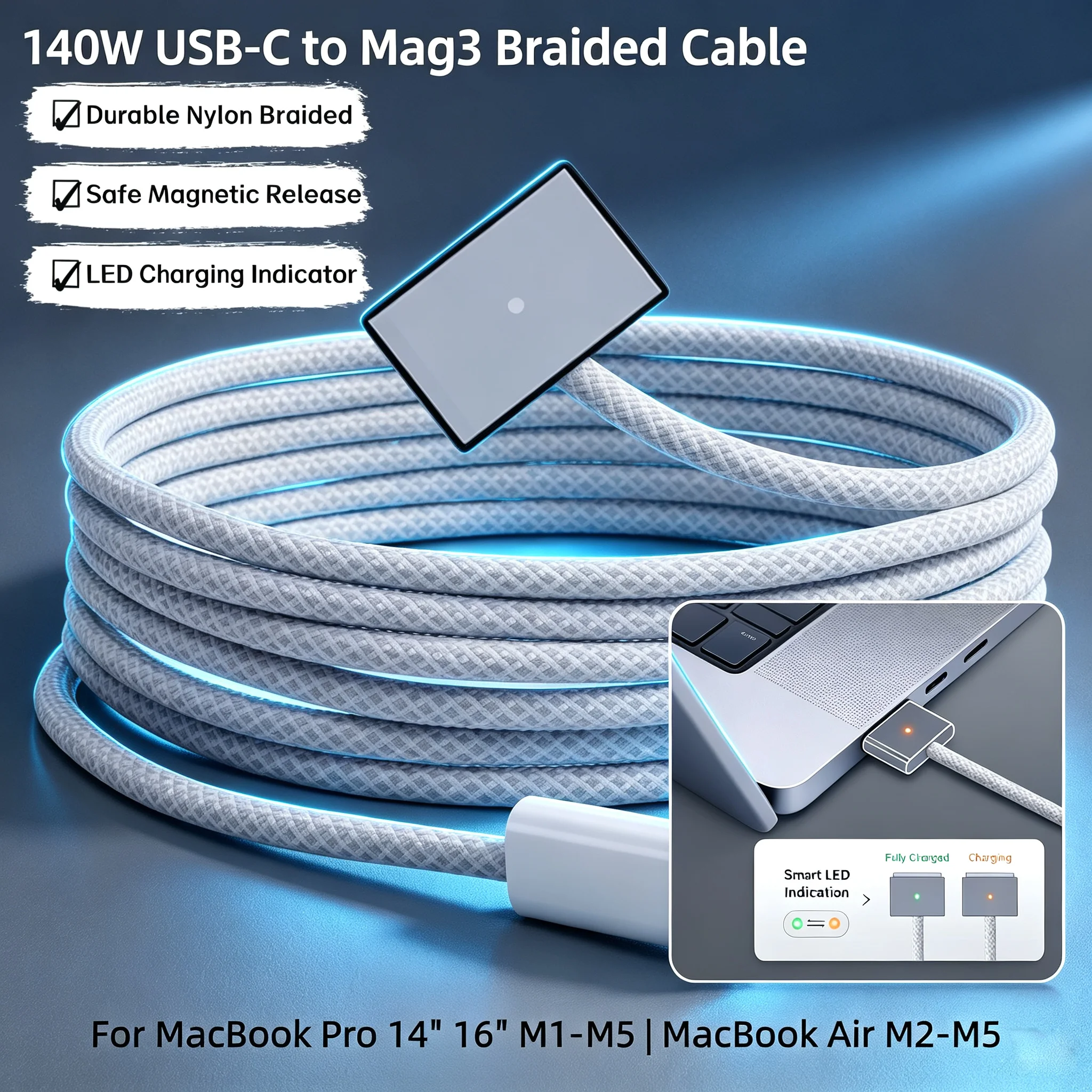 140W USB‑C Braided Magnetic Charging Cable with LED Indicator for MacBook Pro 14