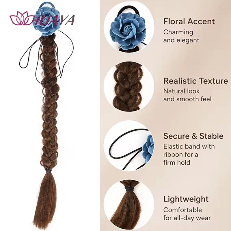 Tie-on Bubble Braid Ponytail Synthetic Hair Extension Blue Flower Decor Braided Fake Ponytail Wig for Women Wedding Dating Daily