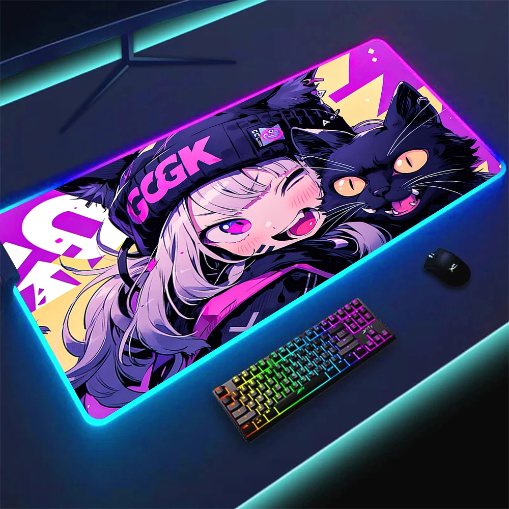 Gaming RGB Mousepad Pc LED Aniem Girl Cat Mouse Pad Rubber Non-slip Pads Big Xxl Desk Mat Luminous Keyboard Pads With Backlight