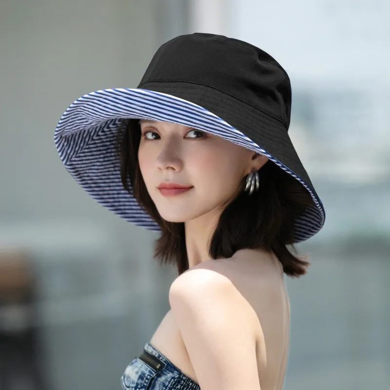 Women Striped Double-side Wear Bucket Hat Wide Brim Fordable Sun Protection Panama Caps For Girls Outdoor Beach Tour Fishmen Cap