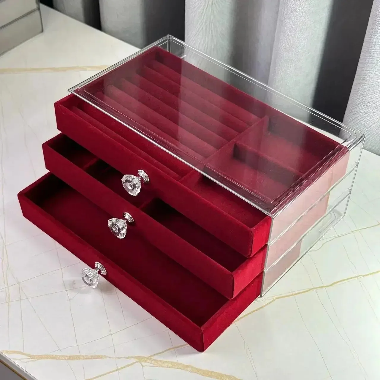 Elegant Wine Red Jewelry Box Flannelette Storage Case Earrings Display Dustproof Drawer Makeup Organizer Jewelry Display