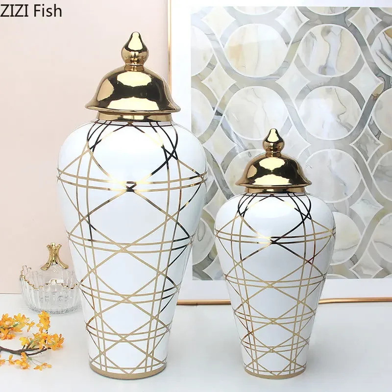 

Gold-plated Stripes Ceramic Storage Jar Artificial Flower Floral Vase Porcelain Jewelry Jars Cosmetic Containers Desk Decoration